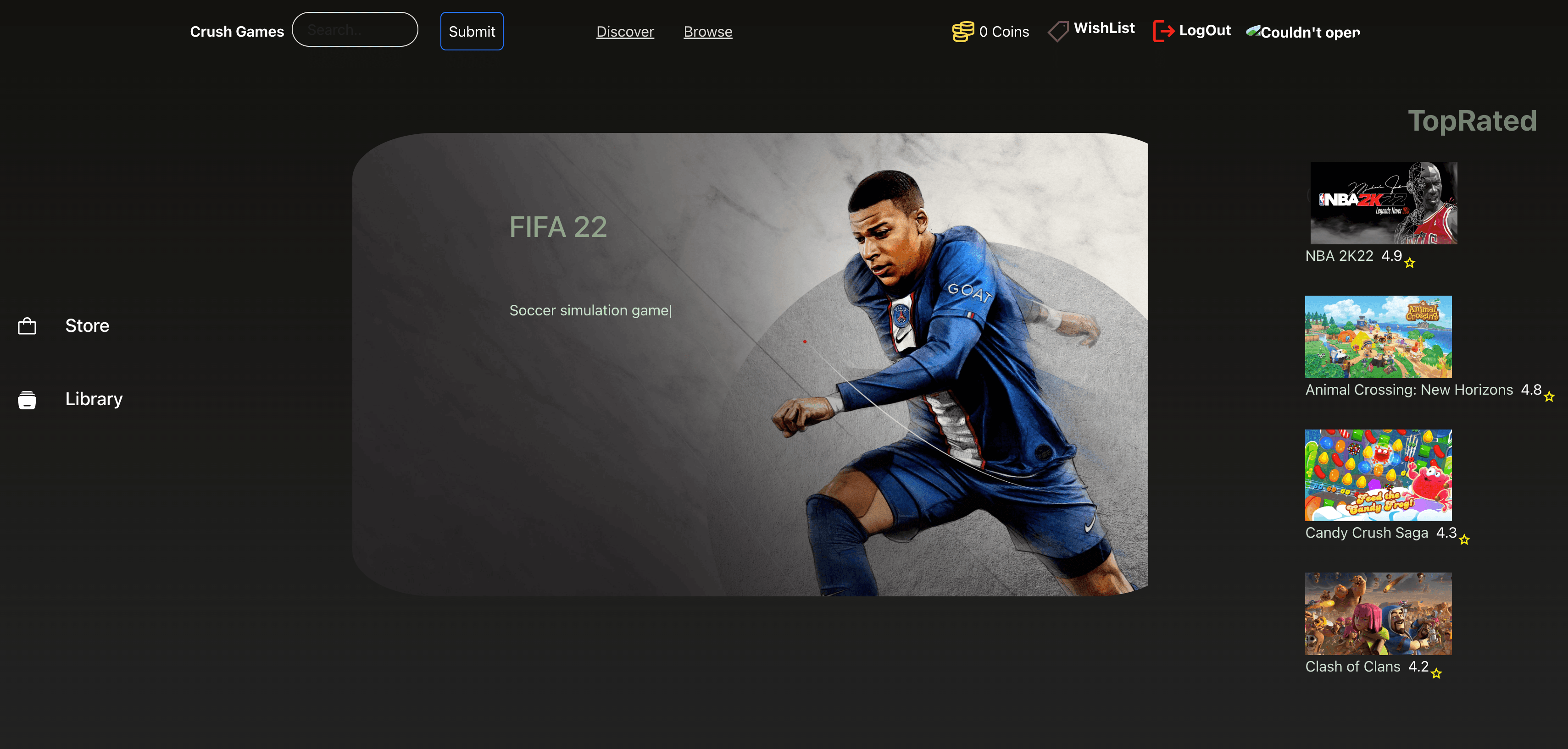 EpicGames app — homepage showing the game listing